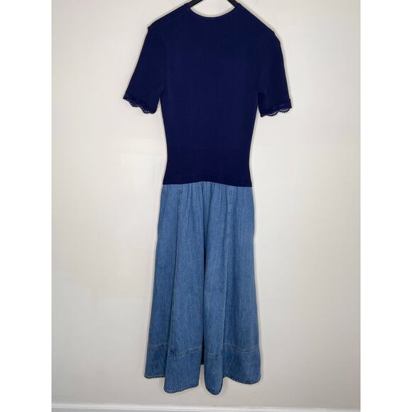 Shoshanna Faith Short Sleeve Mixed Media A-Line Midi Dress Blue Women's Size S - Picture 12 of 14